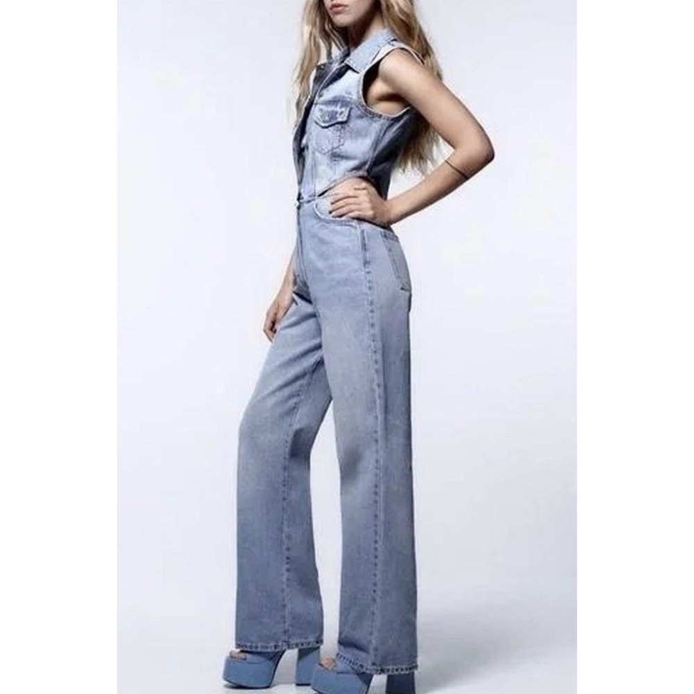 Zara Bloggers Favorite Cut-out Light Blue Denim Overalls Jumpsuit full length Sm